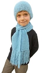 Handmade Acrylic Scarf and Hat Set - Soft Baby Blue Yarn (100% Knitted By Hand)