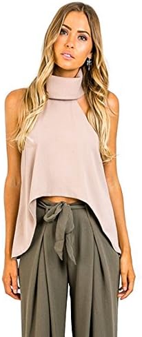 TrendsGal Women's Sleeveless Asymmetrical Crop Tops Blouse(Khaki L)