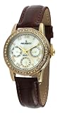 Peugeot Women's 3025 Gold-Tone Swarovski  Crystal Accented Multi-Function Brown Leather Strap Watch