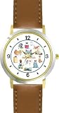 Cartoon Cat Collage Cat - JP - WATCHBUDDY&reg; DELUXE TWO-TONE THEME WATCH - Arabic Numbers - Brown Leather Strap-Women's Size-Small