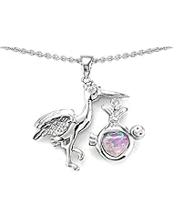 Original Star K (tm) New Baby Stork Pendant with Heart Shape 8mm Created Pink Opal in 925 Sterling Silver