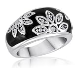 DaVinci Black Art Deco Abstract Flower Ring with CZ Cubic Zirconia Crystals Double Sterling Layered - You Choose Size , 6