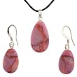 Pink Matrix Jasper Flatdrop Shaped Pendant and Earrings Set - 13x22mm Pendant, 11x17mm Earrings - Adjustable Cord Necklace
