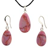 Pink Matrix Jasper Flatdrop Shaped Pendant and Earrings Set - 13x22mm Pendant, 11x17mm Earrings - Adjustable Cord Necklace