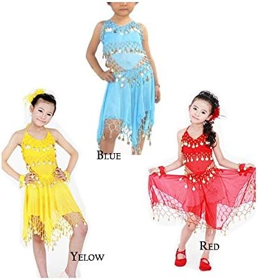 Kids Girls Belly Dance Top Skirt Set Outfit Bollywood Coin Dancing Costume Child Colour:Blue Item type:Top+Skirt+Bracelet