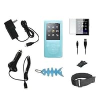 8 Items Accessory Combo Kit for Sony Walkman E Series Walkman: Includes Blue Silicone Case, Armband, Belt Clip, LCD Screen Protector, Wall Charger, Car Charger, 2in1 USB Data Cable and Light Blue Fishbone Style Keychain