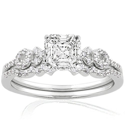 1.10 Ct Asscher Cut Petite Diamond Engagement Wedding Rings Pave-Set 14K VS2