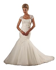 Mermaid Cap Sleeves Beaded Lace Ruched Keyhole Tulle Flared-Skirt Wedding Dress 