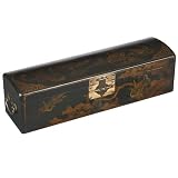 Handmade 24" Black Leather Golden Chinese Painted Dragon & Phoenix Long Storage/Gift Box