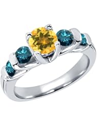 1.58 Ct Round Yellow Citrine Blue Diamond 14K White Gold Ring