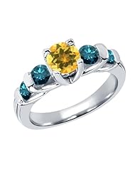 1.58 Ct Round Yellow Citrine Blue Diamond 18K White Gold Ring