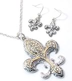 Two Tone Gold and Silver Plated Large Crystal Embellished Fleur De Lis Necklace and Earring Set