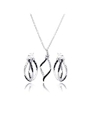 Nickel Free Sterling Silver Pendant & Earring Sets Open Wave Black And Clear Set