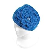 Angel Hand Knitted Crystal Button Accent Wide and Warm Headband Teal Blue Color