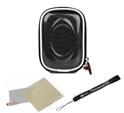 Carbon Fiber Black Durable Slim Protective Storage Cover Cube Carrying Case with Internal Mesh Pocket with Carabiner clip for Canon Power-Shot ELPH 500 HS ELPH 510 HS S95 SD970 IS SD1300 IS SD1400 IS SD3500 IS SD4000 IS SD4500 IS SX210 IS SX220 HS SX230 HS Point and Shoot Digital Camera + Includes a anti glare screen protector, will protect from any small scratches and dirt.