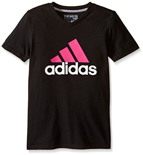 adidas Big Girls 30S Short Sleeve Tee Adi Logo, Black/Shock Pink, Medium