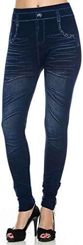 Simplicity Women's Denim Printed Faux Jeans Seamless Full Length Leggings, Dark Blue - Z05