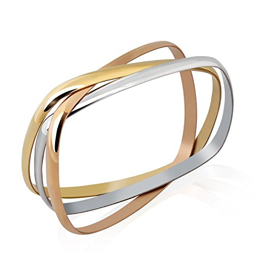 Stainless Steel Tri-color Set of 3 Silver/Rose Gold/Gold-Tone Square Design Bangle Bracelets for Women