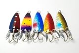 Akuna Pack of Five (5) [5FLC10] 3" Casting Spoon Fishing Lures with 2 Side Spoons for Northern Pike, Salmon, Walleye, and Largemouth Bass (Choice of colors)