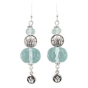 Faceted Blue Quartz Gemstone Bead Dangle Earrings with Sterling Silver Lotus Flower Blossom Accents, #7471
