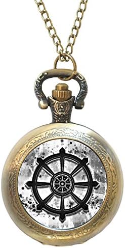 Dharmachakra Wheel of Dharma Buddhism Black &amp; White Antique Bronze Gold Necklace Pocket Watch