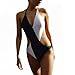 Women's One-pieces Cross Double Colored Bikini Deep V Padded Push Up Halter Swimsuit Black-White