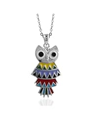 Chuvora 925 Sterling Owl Pendant Necklace Decorated with Colored Enamel and Plated with Rhodium; 18" Rolo Chain for Women and Girls