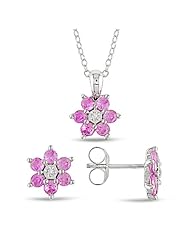 Sterling Silver Created Pink Sapphire and Accent Diamond Earring and Pendant Set (0.32 Cttw, G-H Color, I3 Clarity)