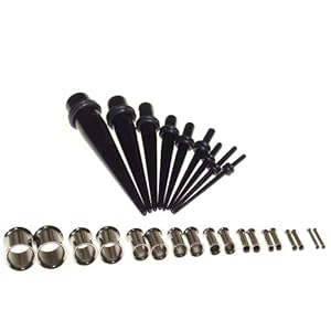27 Piece Ear Taper Stretching Kit & Double Flare Stainless Tunnel Set - 9pc Black Acrylic Ear Taper Stretching Kit 14g-00g & 18pc 316L Stainless Tunnels Plug Kit 14g-00g Ear Expander Set (Jewelry)