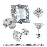 5mm Princess 1 Carat White Diamond Cz Stainless Steel Stud Earring