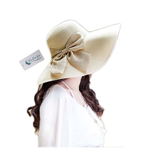 Gellwhu Womens Flax Bow Wide Large Brim Summer Beach Straw Sun Hat Derby Cap