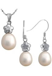 Flower Top White Cultured Pearl Silver Pendant Necklace and Earrings Set