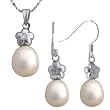Crystal Flower Top White Cultured Pearl Carefree Platinum Overlay Sterling Silver Pendant Necklace and Earrings Set Crystal Flower Top White Cultured Pearl Carefree Platinum Overlay Sterling Silver Pendant Necklace and Earrings Set