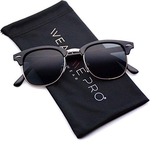 Retro Classic Metal Half Frame Horn Rimmed Sunglasses (Thin Black Frame / Gold Rimmed, 50)