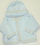 Ck3, Knitted on Hand Knitting Machine Finished By Hand Crochet Blue Chenille Beige Trim Infant Boys Cardigan Hat Set Trimmed with Light Blue Footballs