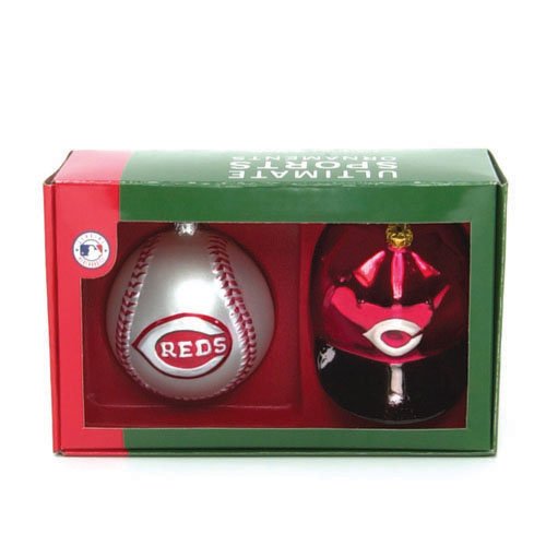 Set of 2 MLB Cincinnati Reds Ball and Helmet Glass Christmas Ornaments