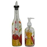 ArtisanStreet's Fall Themed Hand Painted Pour Bottle & Soap Dispenser Set. Pour Spout Bottle Features a Hay Bale with 3 Pumpkins & Falling Leaves. A Corn Stalk Decorates the Soap Pump. Set of Two Bottles. Use For Oil, Soap, Lotion.