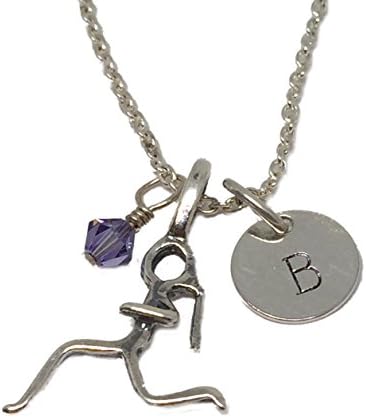 Runner Charm Personalized Initial Necklace in Sterling Silver:Runner Fanatic Charm, Hand Stamped Charm &amp; Swarovski Birthstone Crystal FS-RUN