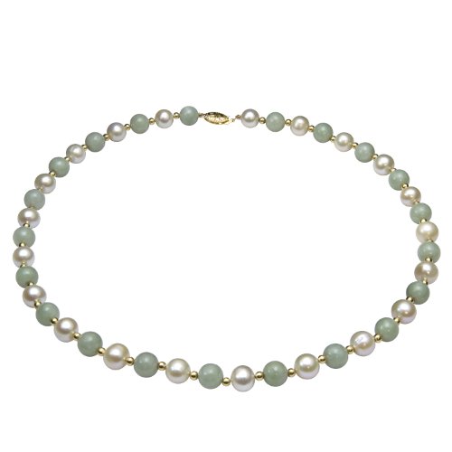 Click To 8mm White Freshwater Pearl, Green Jade, and 14K Yellow Gold Bead Necklace Details... 8mm White Freshwater Pearl, Green Jade, and 14K Yellow Gold Bead Necklace