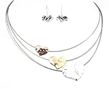 Necklace - N351 - Hammered Hearts on Triple Strand Plated Metal + Matching Earrings ~ Gold, Silver and Copper Plated Metal