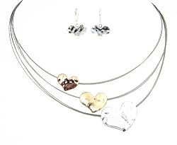 Necklace - N351 - Hammered Hearts on Triple Strand Plated Metal + Matching Earrings ~ Gold, Silver and Copper Plated Metal