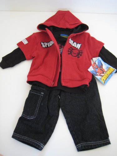  Marvel Spiderman Infant Boy Jacket, Long Sleeves and Jean; Red and Black; 12M/18M; 3 Pcs 1 Set New