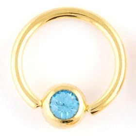 One PVD Stainless Steel Captive Bead Ring: 14g 3/8" Gold, Gem Bead: 5mm, Aqua Gem
