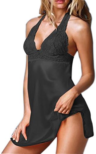 Womens Black Satin Lace Deep V-neck Halter Babydoll Sexy Nightdress + G-string (Black)