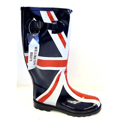 Generic Womens Wb08 Union Jack Flag Navy Slip On Wellington Boots