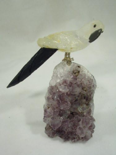 Hand Carved Quartz Parrot Bird with Black Onyx Tail on Amethyst Perch Sculpture