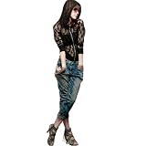 Allegra K Women Black Floral Lace Ribbed Hem Zipped Sheer Jacket Coat M