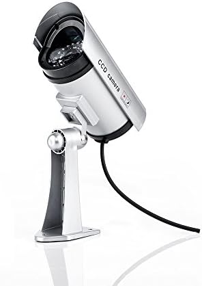 Matrixtek Security Surveillance Realistic Looking Silver Dummy Simulated Camera CCTV Flashing Warning Infrared LED Red Light Batteries Operated Indoor Outdoor Waterproof Weatherproof Screw 1 Pack