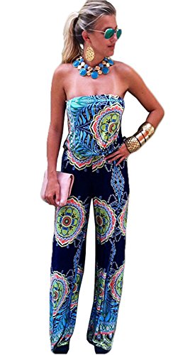 Wind Girl Women Tribal Aztec Printed Wide Leg Fold Over Waist Palazzo Jumpsuits