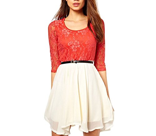 Little Hand Womens Prom Casual Mini Short Chiffon Stripe Stitching Lace Dress